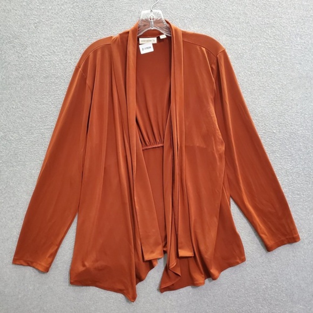 Susan Graver Women Top Large Orange Kimono Blouse Open Front Lightweight Spandex